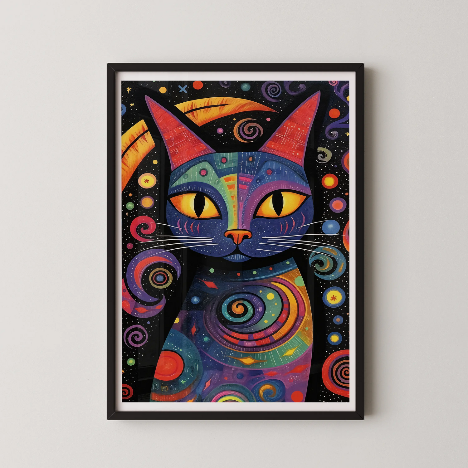 A vibrant pop art piece featuring a cosmic cat amidst swirling patterns and constellations.