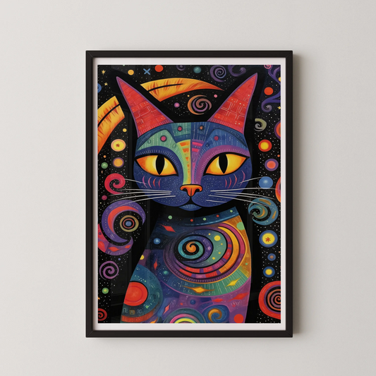 A vibrant pop art piece featuring a cosmic cat amidst swirling patterns and constellations.
