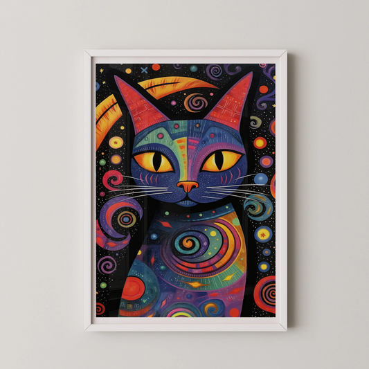 A vibrant pop art piece featuring a cosmic cat amidst swirling patterns and constellations.