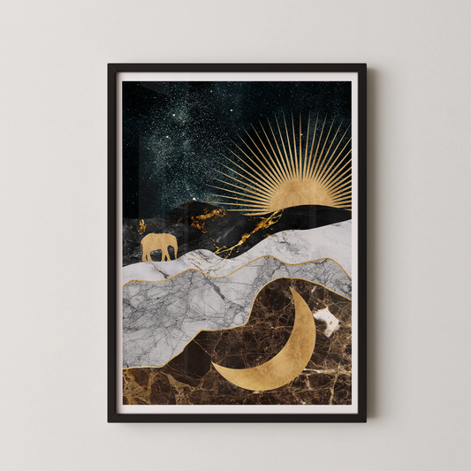A modern abstract wall art poster featuring an elephant against a celestial backdrop with gold accents.