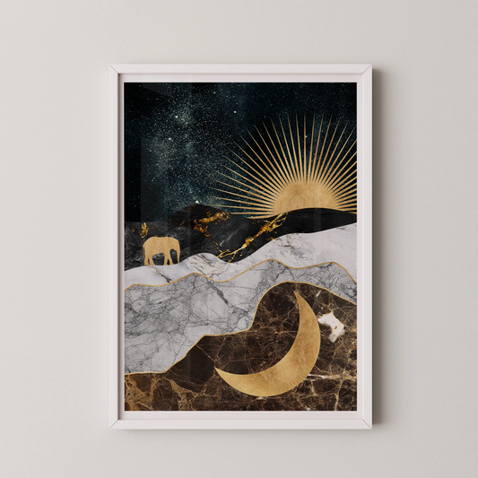 A modern abstract wall art poster featuring an elephant against a celestial backdrop with gold accents.