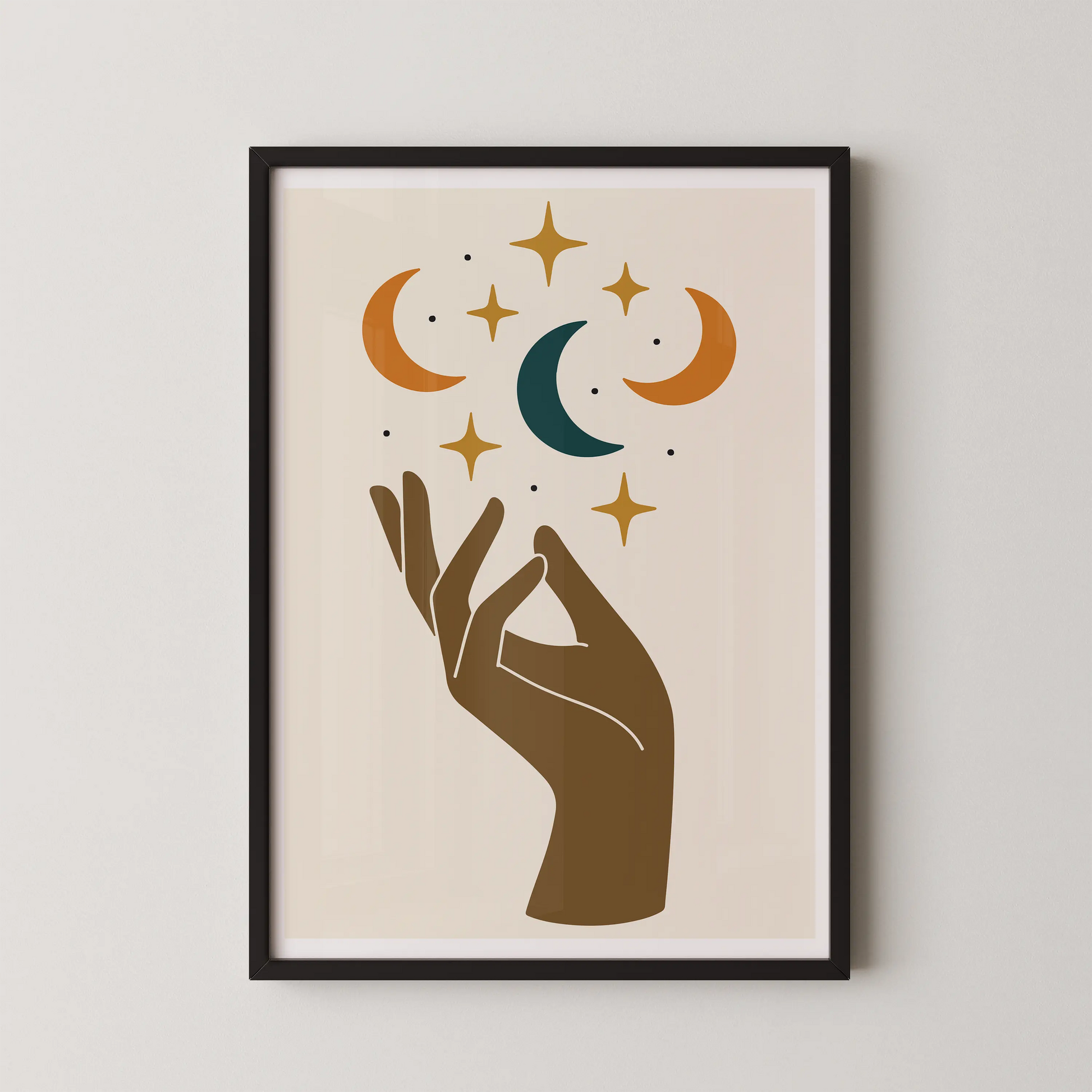 A minimalist celestial hand artwork with stars and moons in teal, terracotta, and gold.