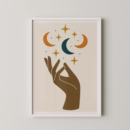 A minimalist celestial hand artwork with stars and moons in teal, terracotta, and gold.