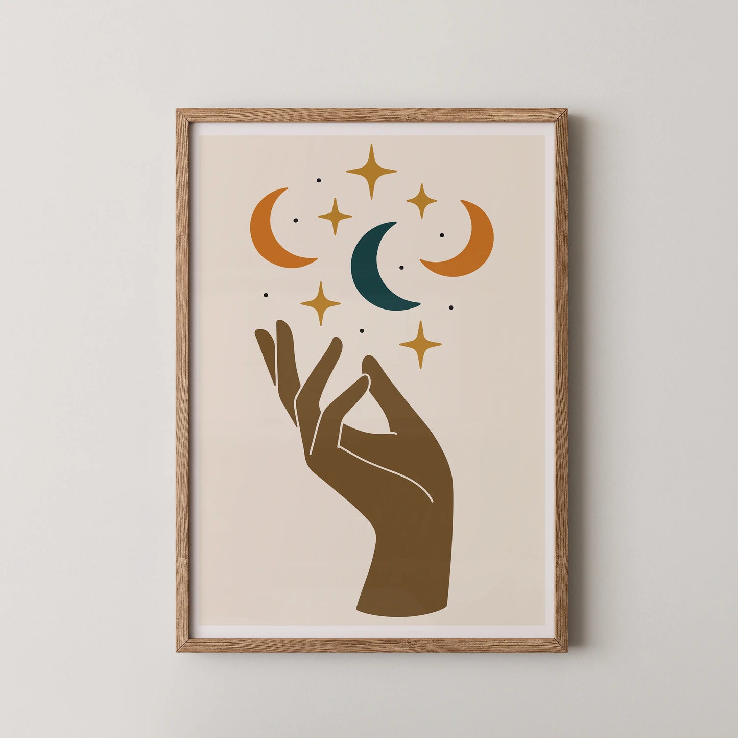 A minimalist celestial hand artwork with stars and moons in teal, terracotta, and gold.