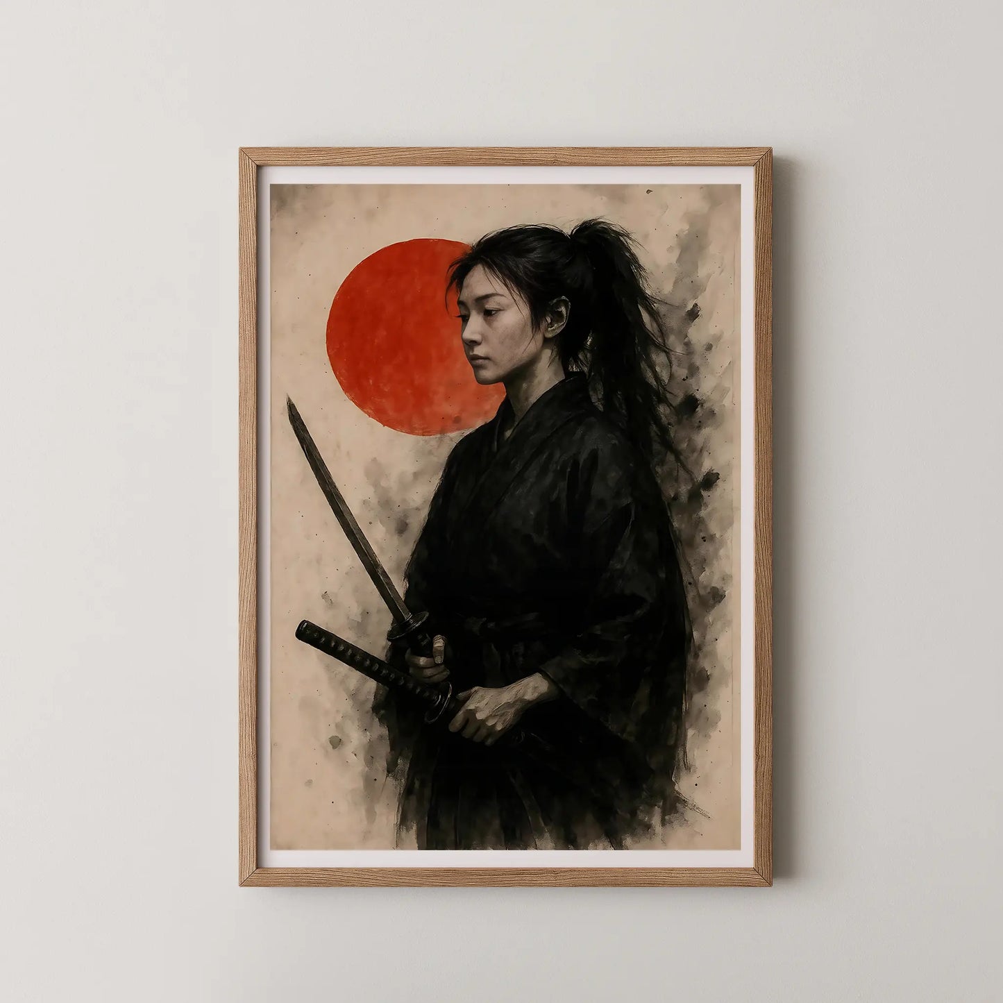 A modern illustrative wall art poster showing a samurai woman holding katanas with a red circle background.