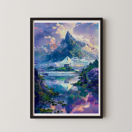 A modern style digital painting of a celestial pyramid over a serene lake.