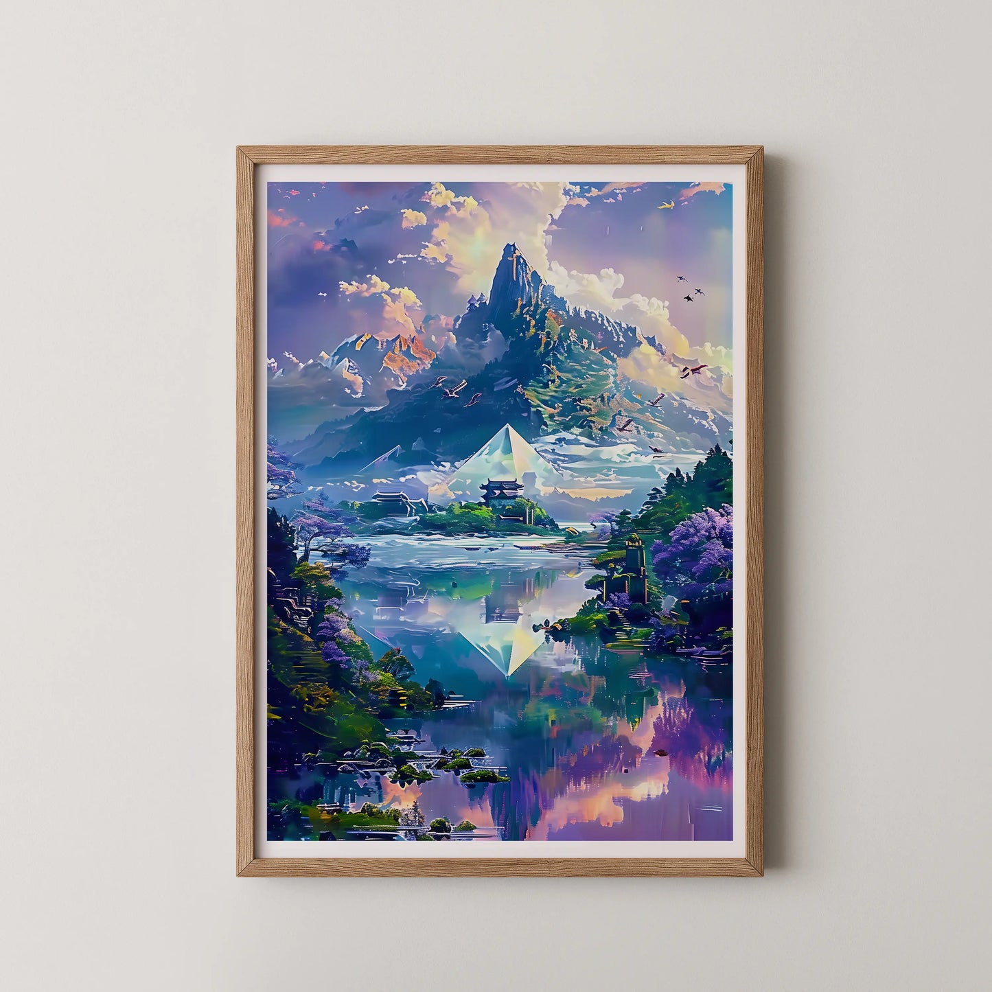 A modern style digital painting of a celestial pyramid over a serene lake.