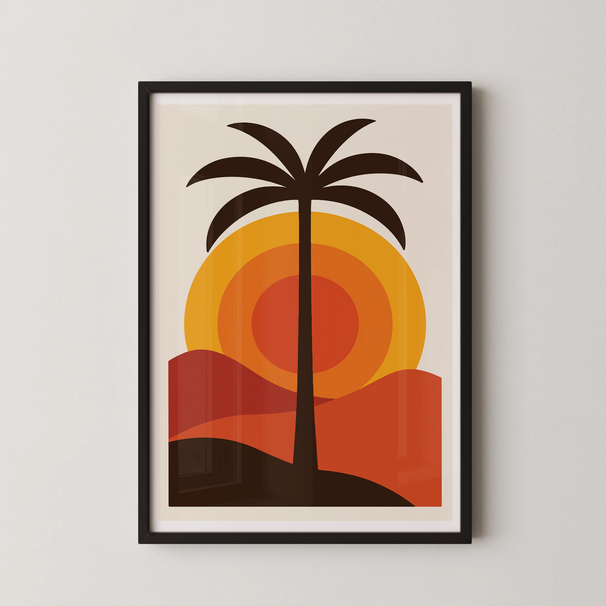 A modern minimalist wall art piece featuring a desert sunset with a lone palm tree.