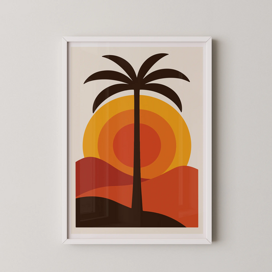 A modern minimalist wall art piece featuring a desert sunset with a lone palm tree.