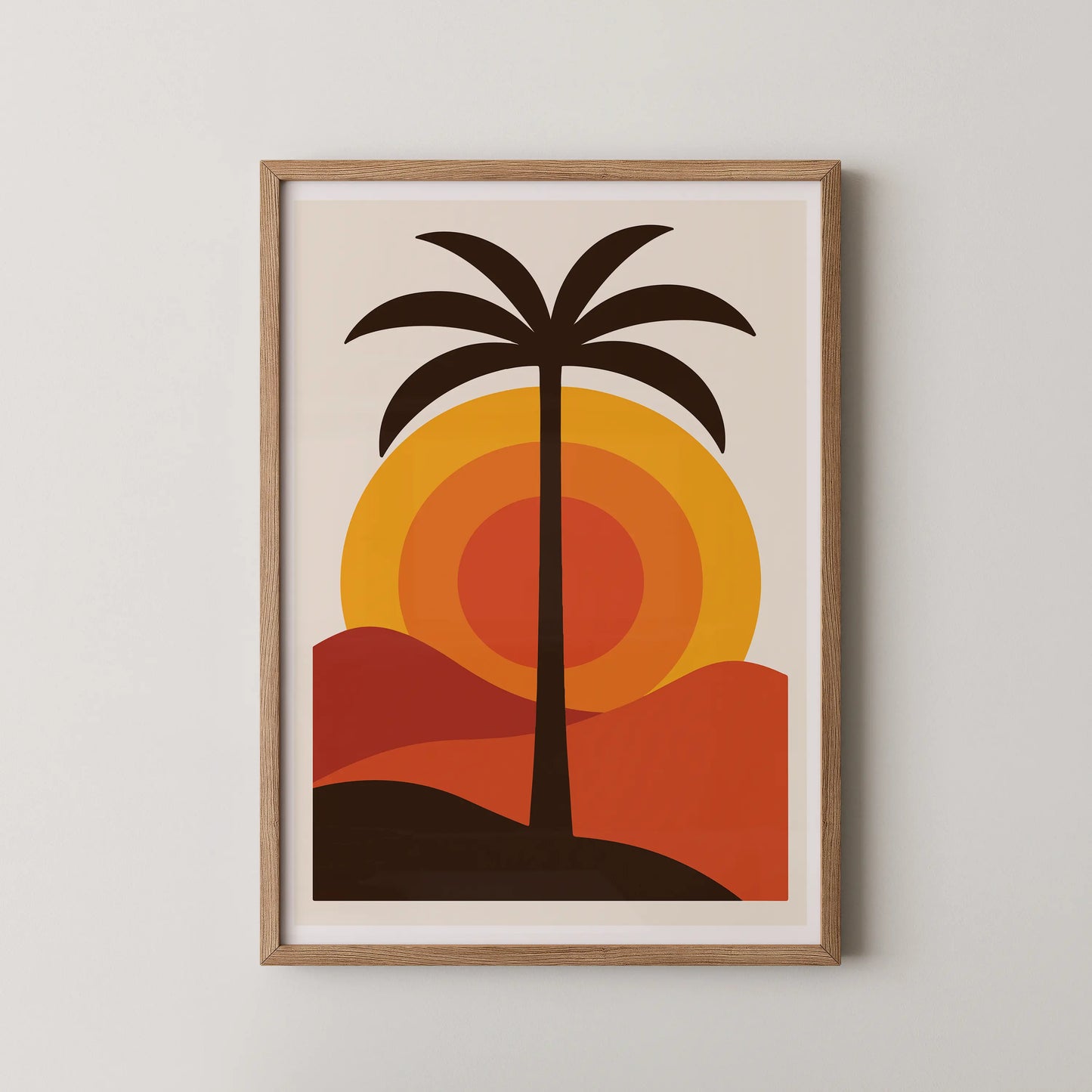 A modern minimalist wall art piece featuring a desert sunset with a lone palm tree.