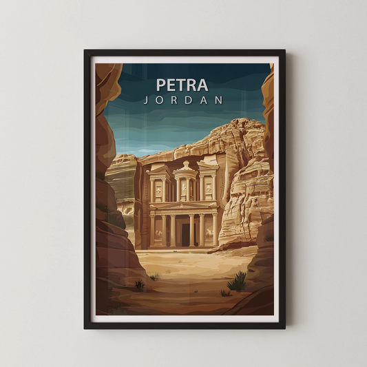 A stylized digital illustration of the iconic Al-Khazneh facade in Petra, Jordan, set against sculpted canyon walls.