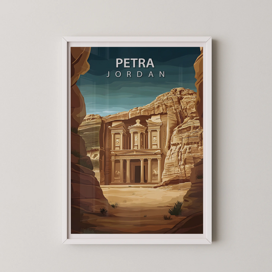 A stylized digital illustration of the iconic Al-Khazneh facade in Petra, Jordan, set against sculpted canyon walls.
