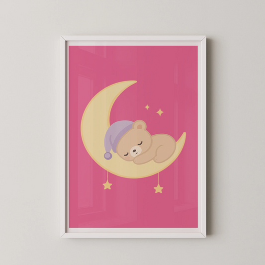 A modern kawaii vector illustration of a teddy bear sleeping on a crescent moon, perfect for a kids room.