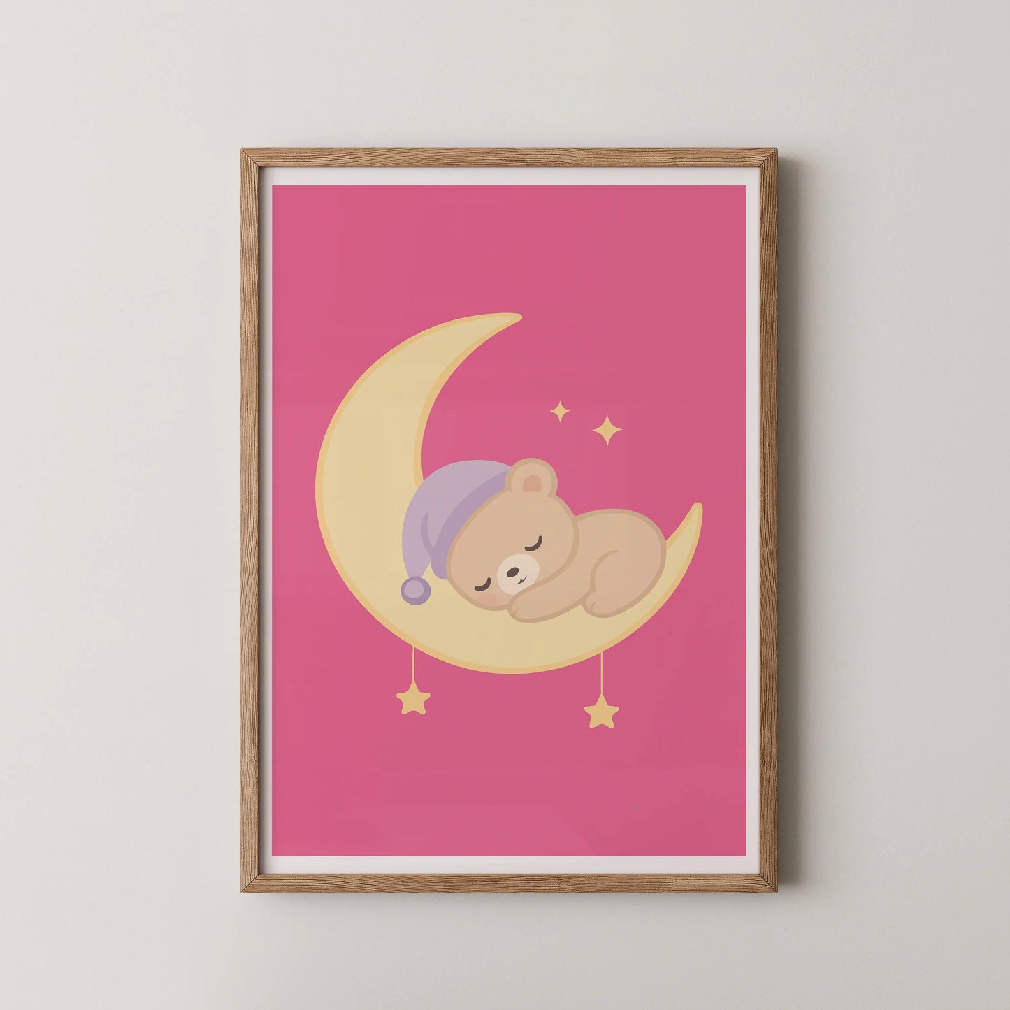 A modern kawaii vector illustration of a teddy bear sleeping on a crescent moon, perfect for a kids room.