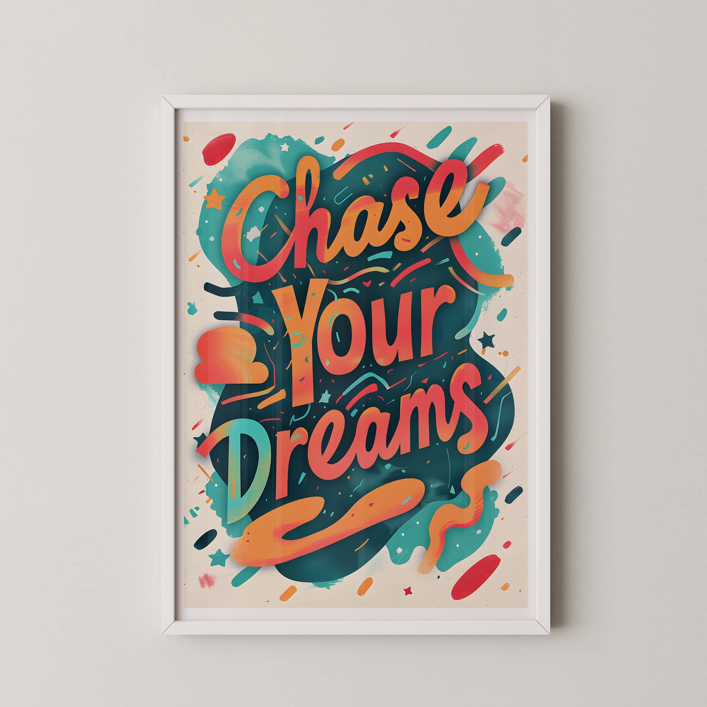 A vintage style typography poster with the inspirational quote 'Chase Your Dreams' in a modern retro color palette.