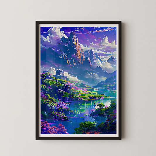 A surrealist digital fantasy landscape featuring celestial terraces, a tranquil lake, a distant pagoda, and soaring birds.