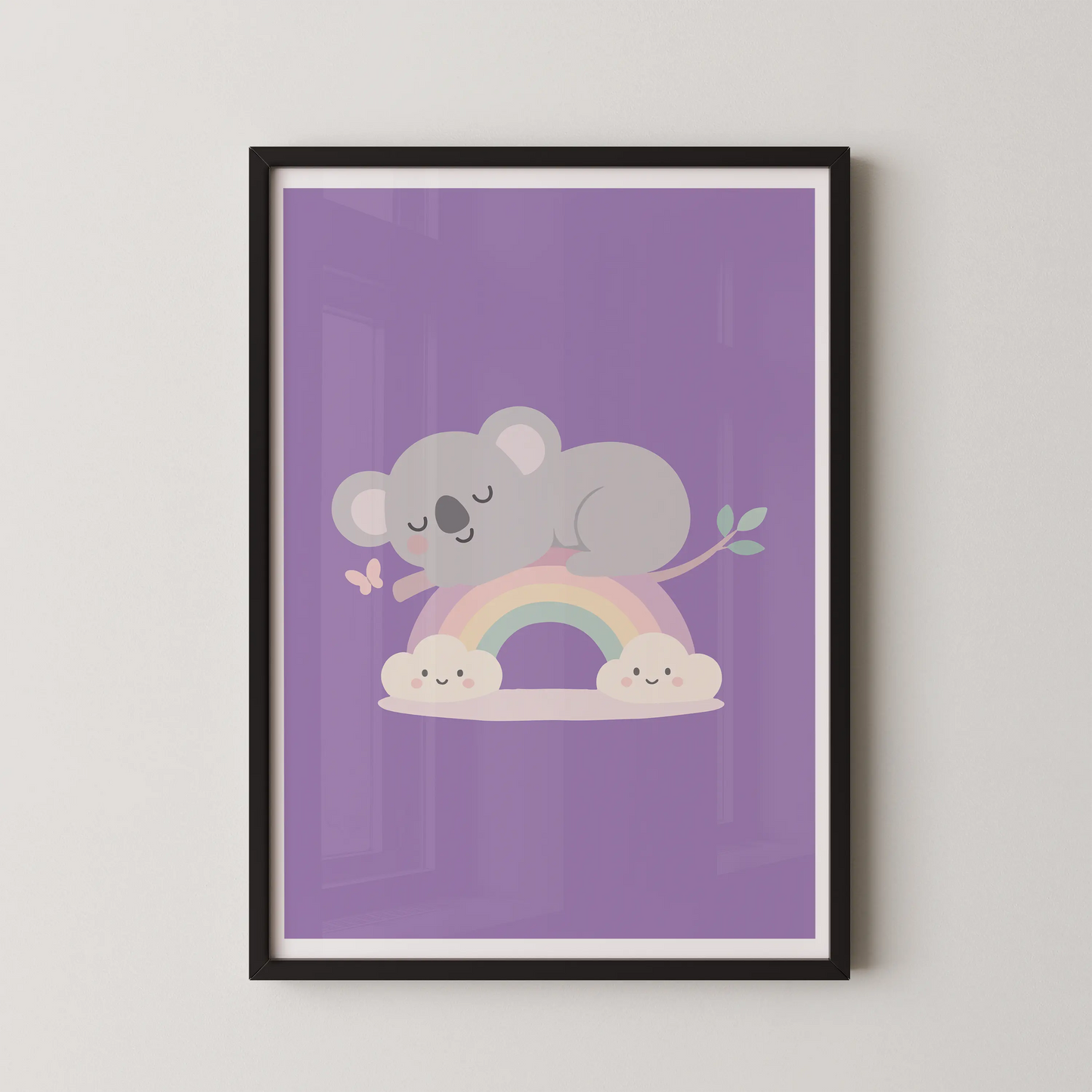 A minimalist illustration of a sleeping koala on a pastel rainbow with fluffy clouds.