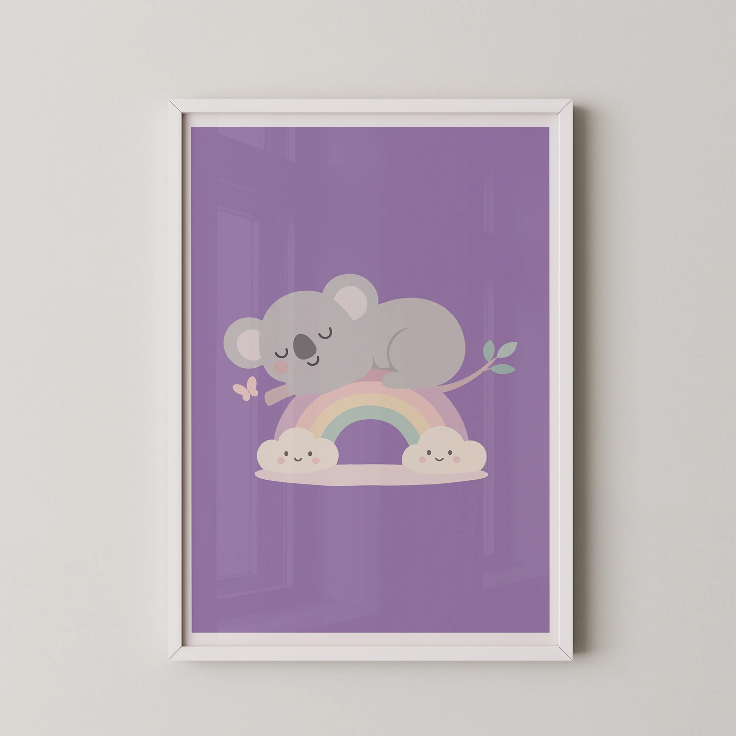 A minimalist illustration of a sleeping koala on a pastel rainbow with fluffy clouds.