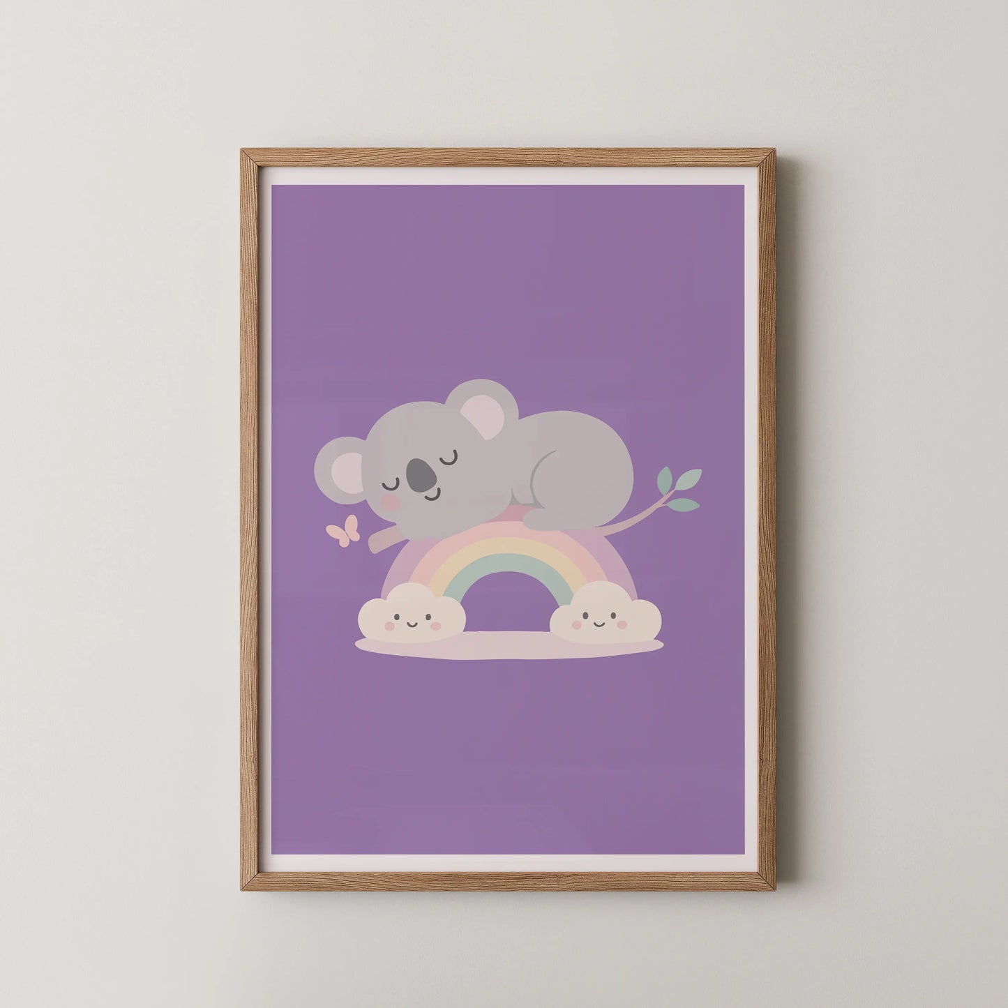 A minimalist illustration of a sleeping koala on a pastel rainbow with fluffy clouds.