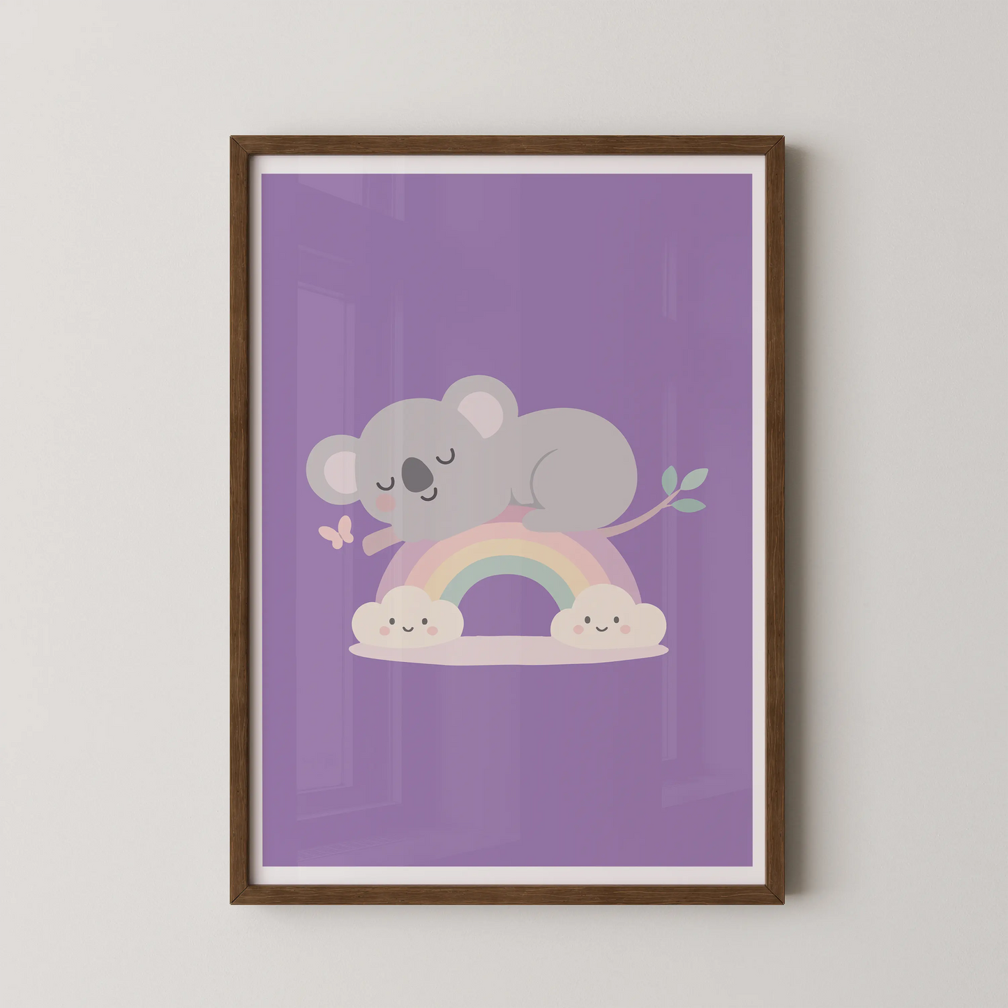 A minimalist illustration of a sleeping koala on a pastel rainbow with fluffy clouds.