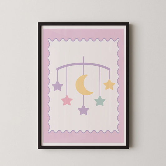 A minimalist vector art piece featuring a pastel star and moon mobile.