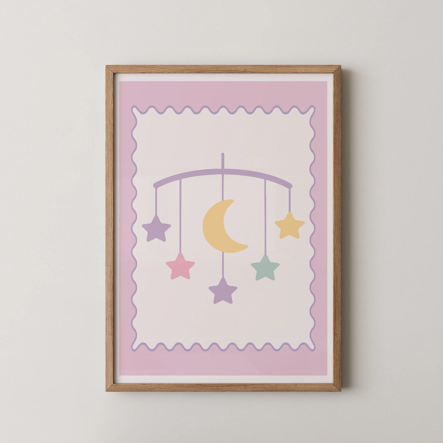 A minimalist vector art piece featuring a pastel star and moon mobile.