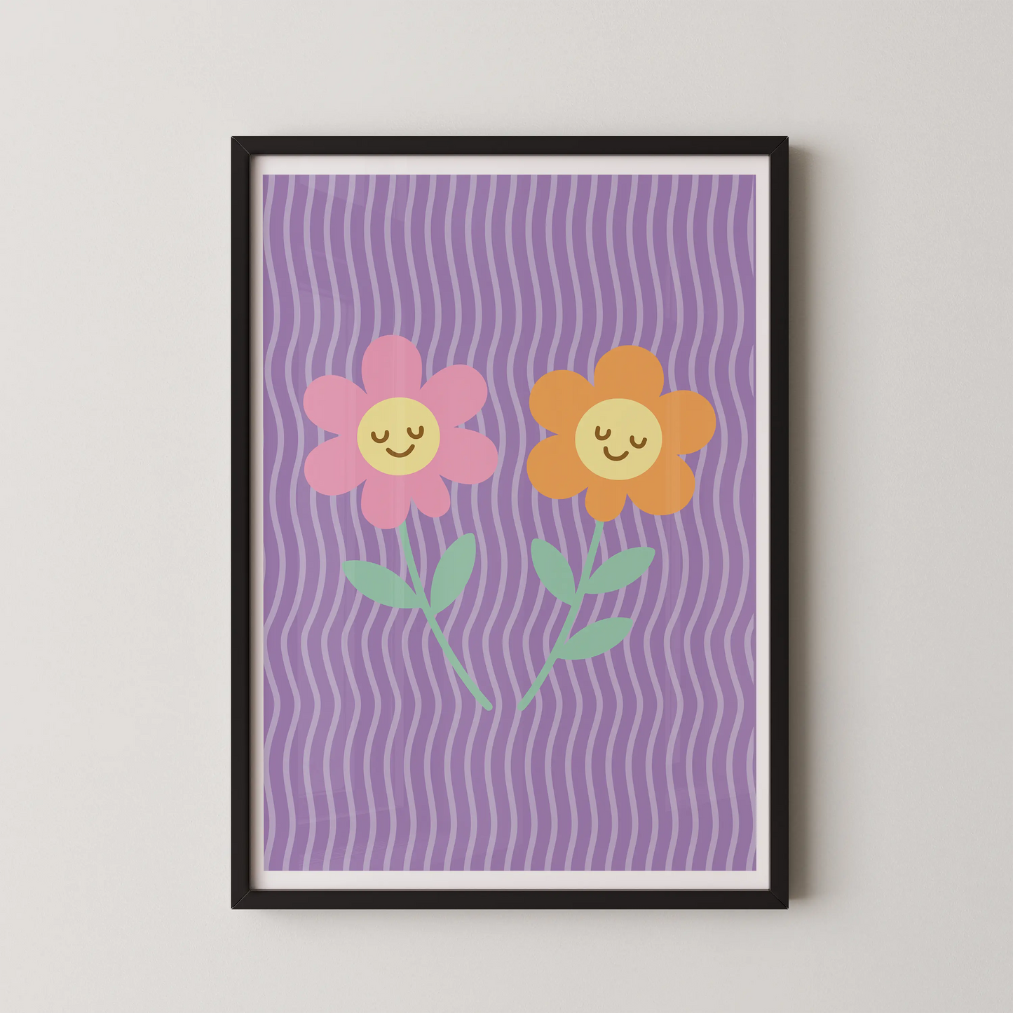 A flat-design illustration featuring two smiling flowers in a pop art style.