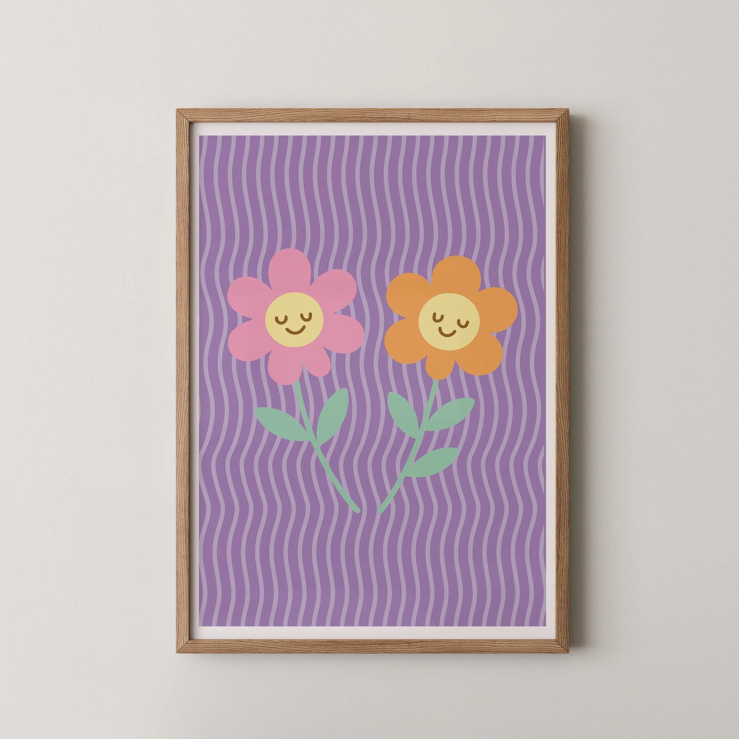 A flat-design illustration featuring two smiling flowers in a pop art style.