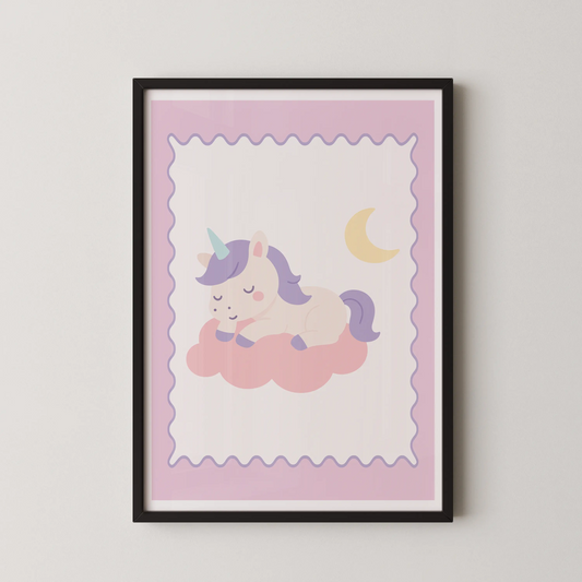 A modern illustration of a unicorn sleeping on a cloud, with pastel colors and kawaii-inspired style.