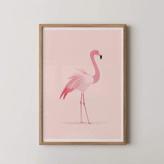 A minimalist illustration of a flamingo standing poised against a soft blush backdrop, in a contemporary style.