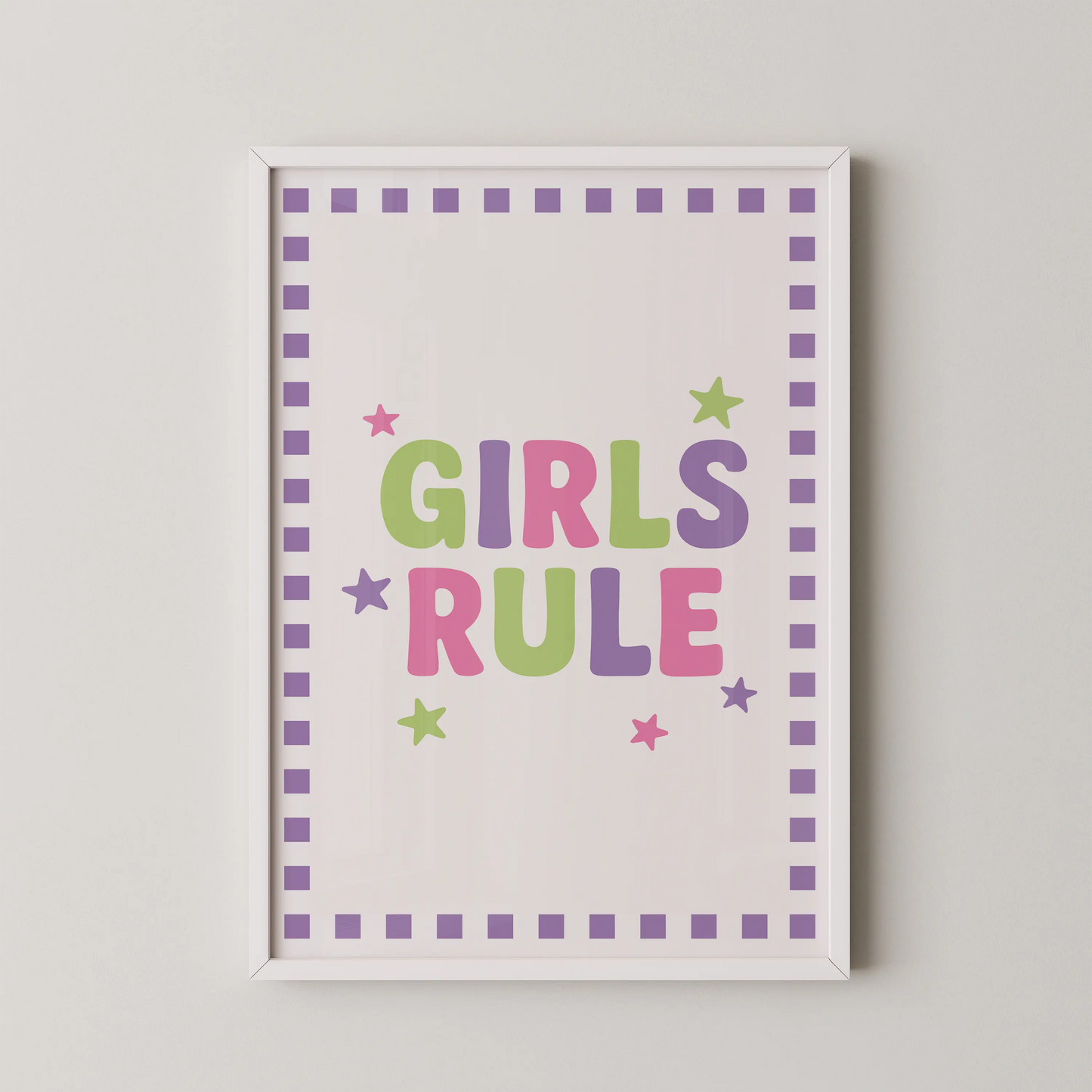 A modern graphic poster with pastel typography featuring the text 'GIRLS RULE'.