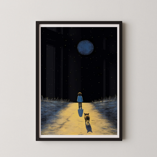 A modern illustration of a child walking hand-in-paw with a dog under a night sky.
