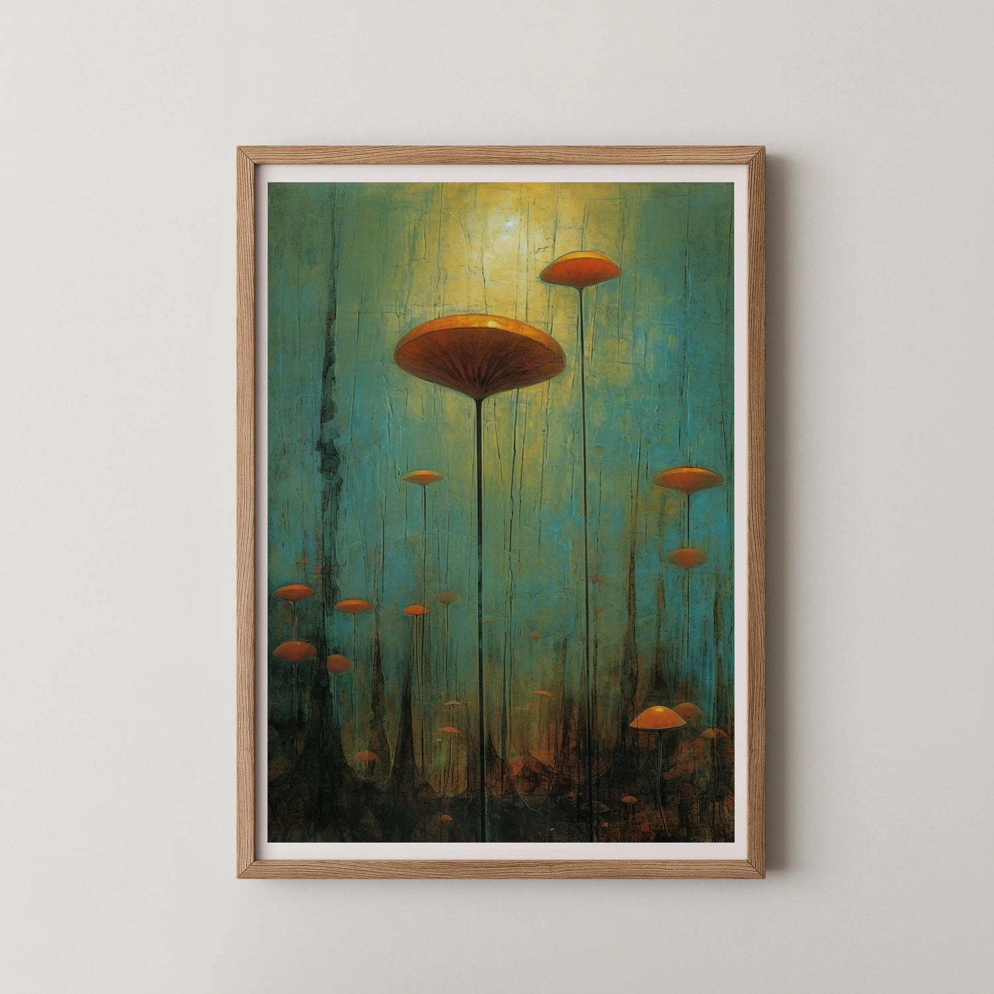 An abstract vertical wall art piece featuring vivid orange mushrooms ascending from a textured dark landscape against an aqua-green backdrop.