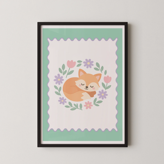 A modern flat illustration of a sleeping fox curled in a floral wreath.