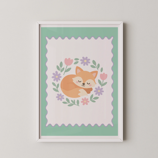 A modern flat illustration of a sleeping fox curled in a floral wreath.