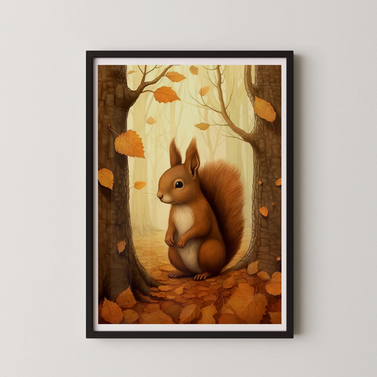 An adorable squirrel in a whimsical, illustrated style art print, set against a tranquil autumn backdrop.