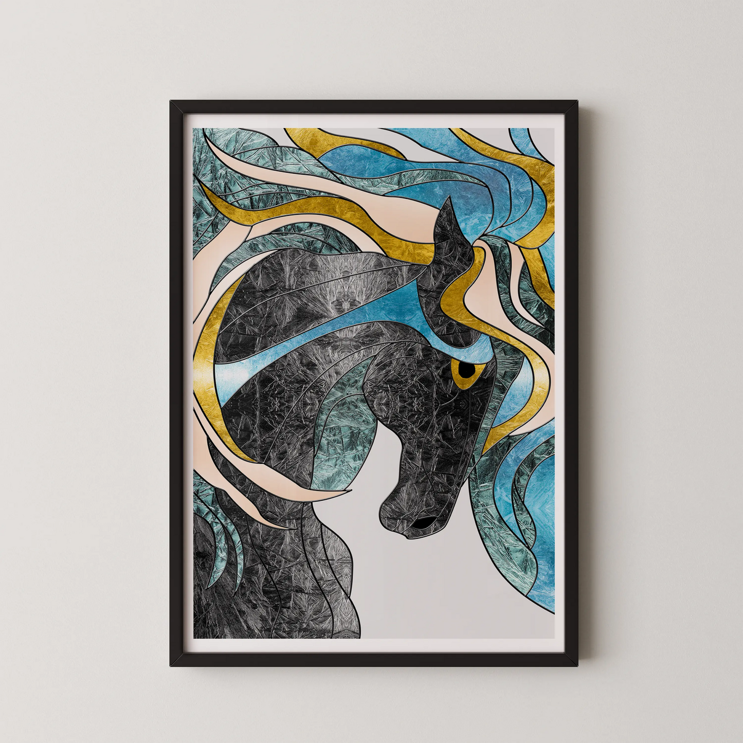 A modern abstract wall art poster featuring a horse profile in shades of blue, black, and gold.