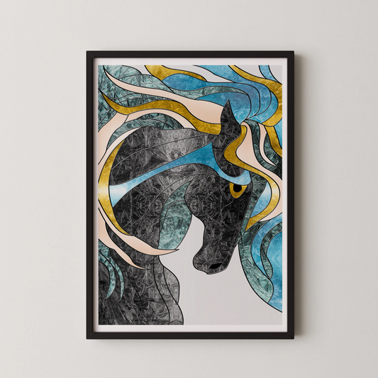 A modern abstract wall art poster featuring a horse profile in shades of blue, black, and gold.