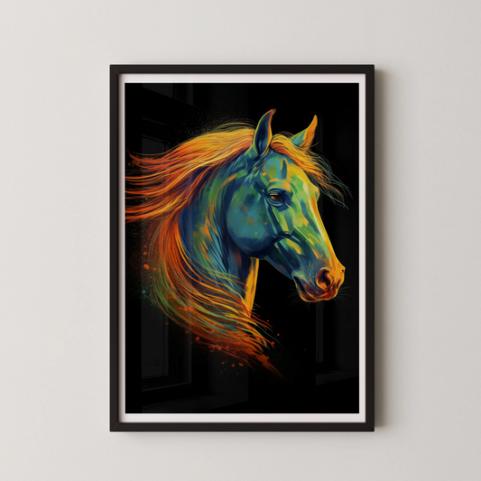 A modern art style wall art poster featuring a majestic horse with vibrant teal, orange, and gold colors.