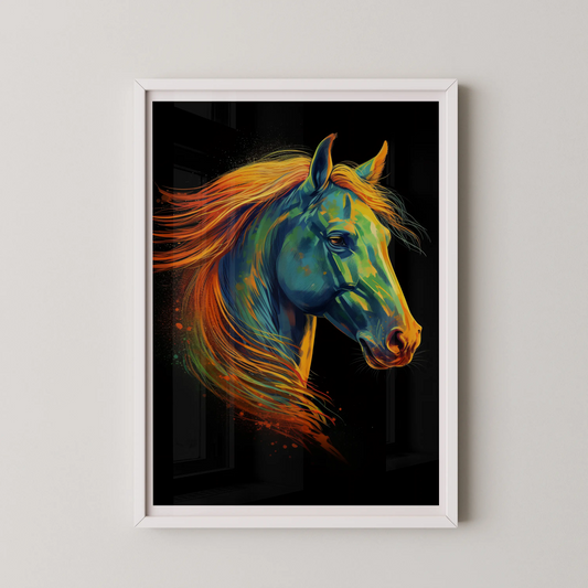 A modern art style wall art poster featuring a majestic horse with vibrant teal, orange, and gold colors.