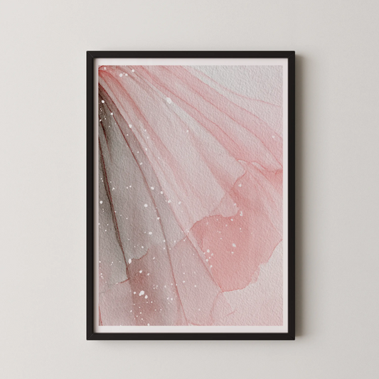 A modern abstract art piece featuring flowing fabric in delicate blush pink and soft coral hues.