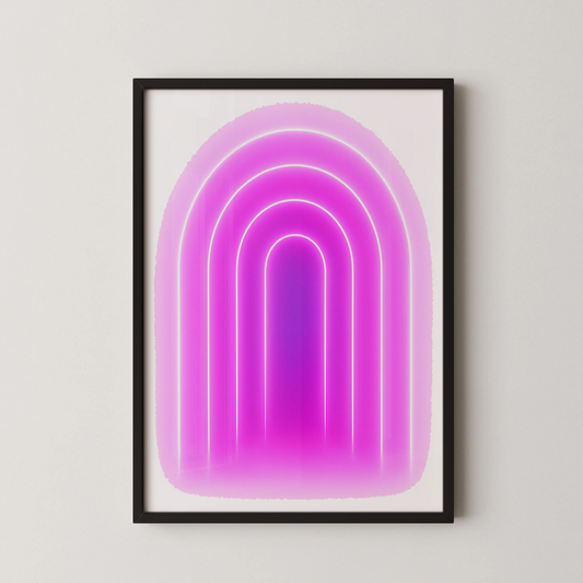 A modern minimalist abstract wall art featuring a luminous arch in shades of magenta, lavender, and indigo.