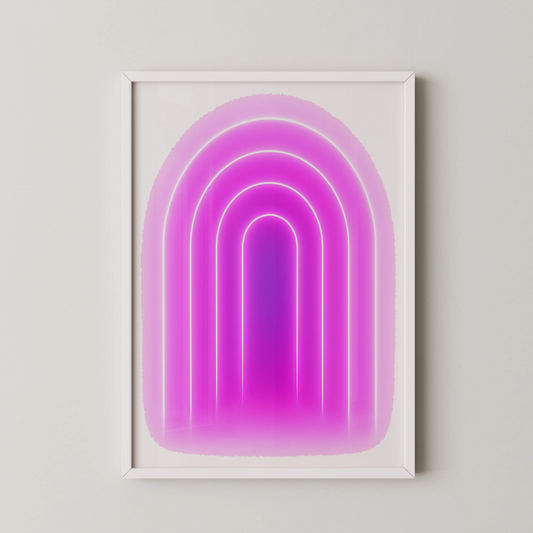 A modern minimalist abstract wall art featuring a luminous arch in shades of magenta, lavender, and indigo.