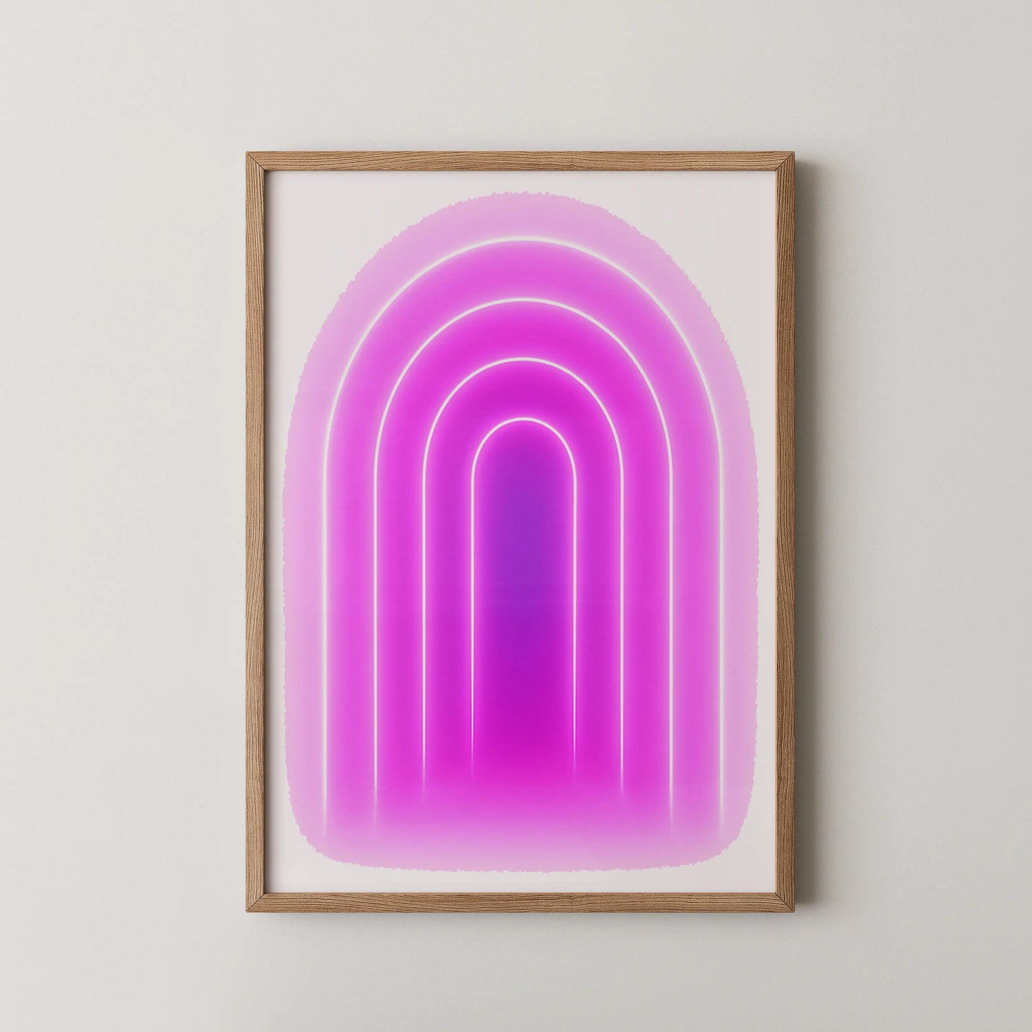 A modern minimalist abstract wall art featuring a luminous arch in shades of magenta, lavender, and indigo.