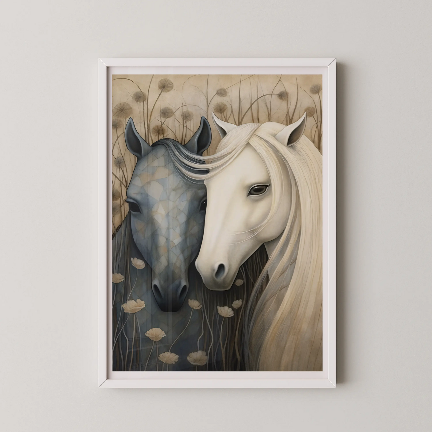 A modern illustrative artwork of two horses, one dark and geometric and the other white and ethereal, with floral elements.