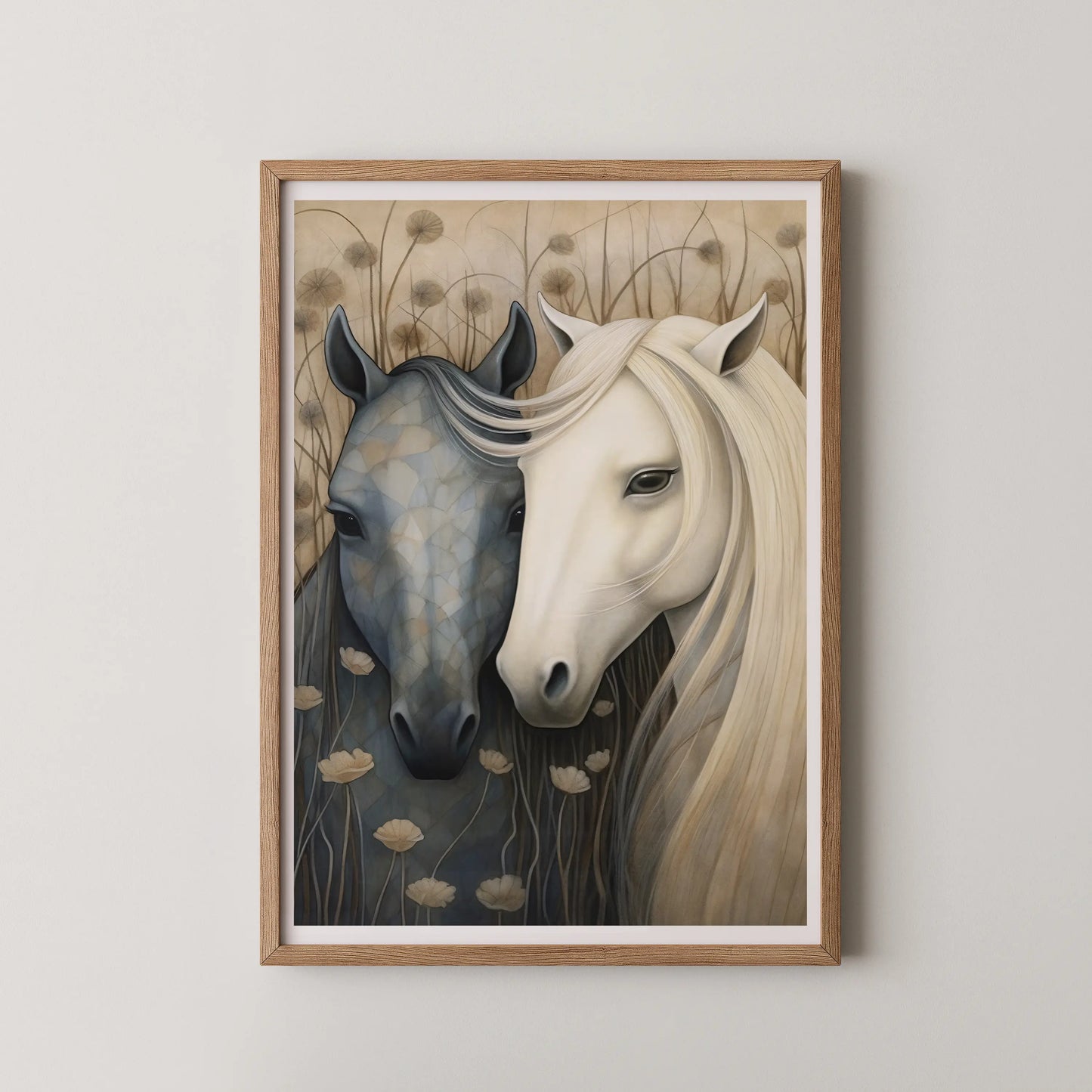 A modern illustrative artwork of two horses, one dark and geometric and the other white and ethereal, with floral elements.