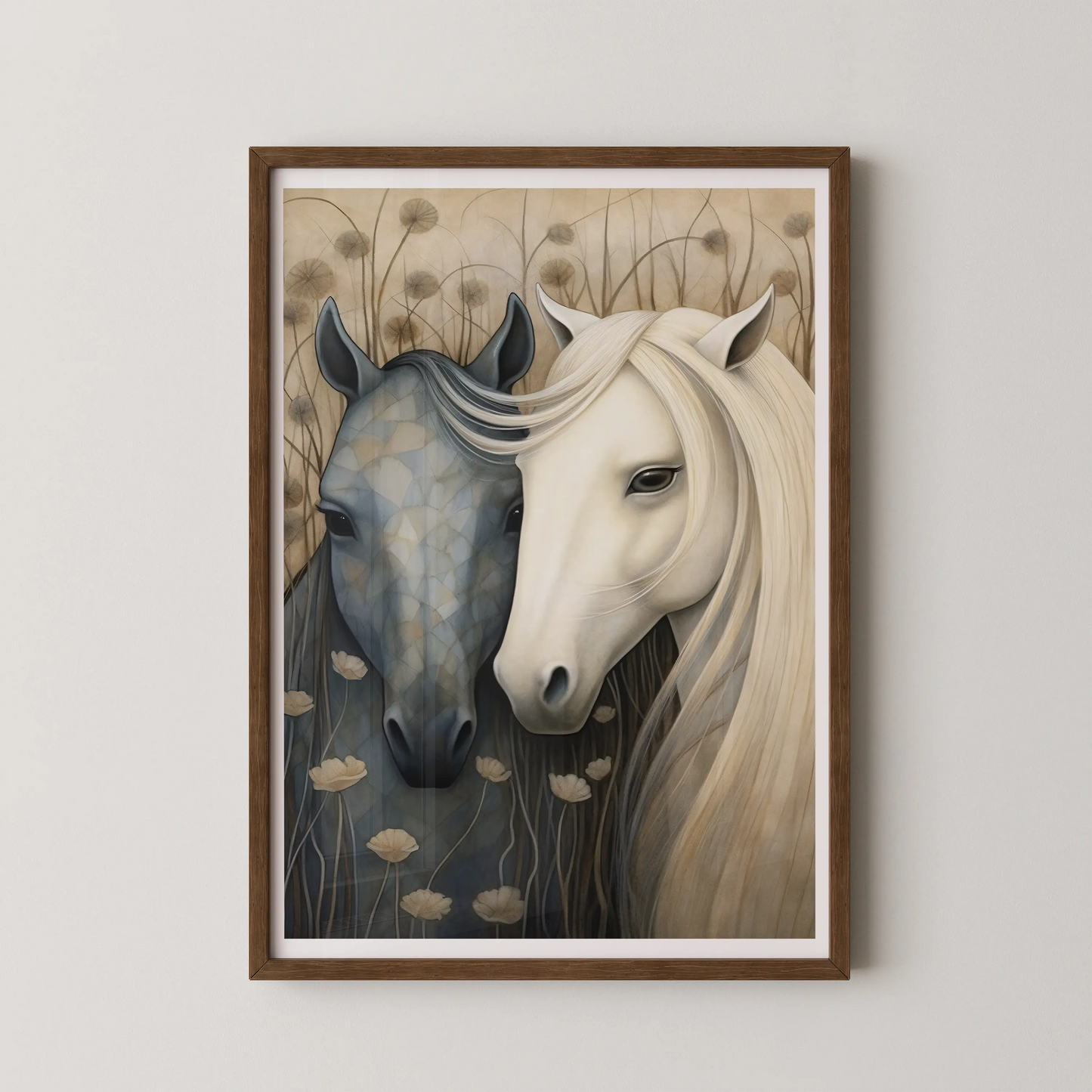 A modern illustrative artwork of two horses, one dark and geometric and the other white and ethereal, with floral elements.