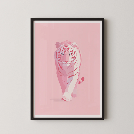 A modern style wall art poster of a white tiger stepping forward.