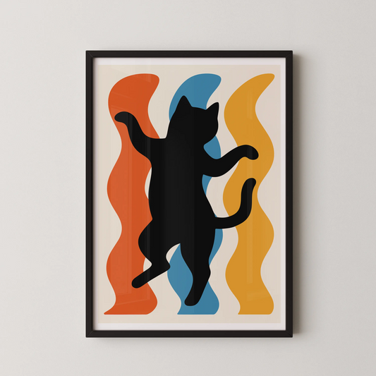A modern abstract wall art poster featuring a dancing feline silhouette.