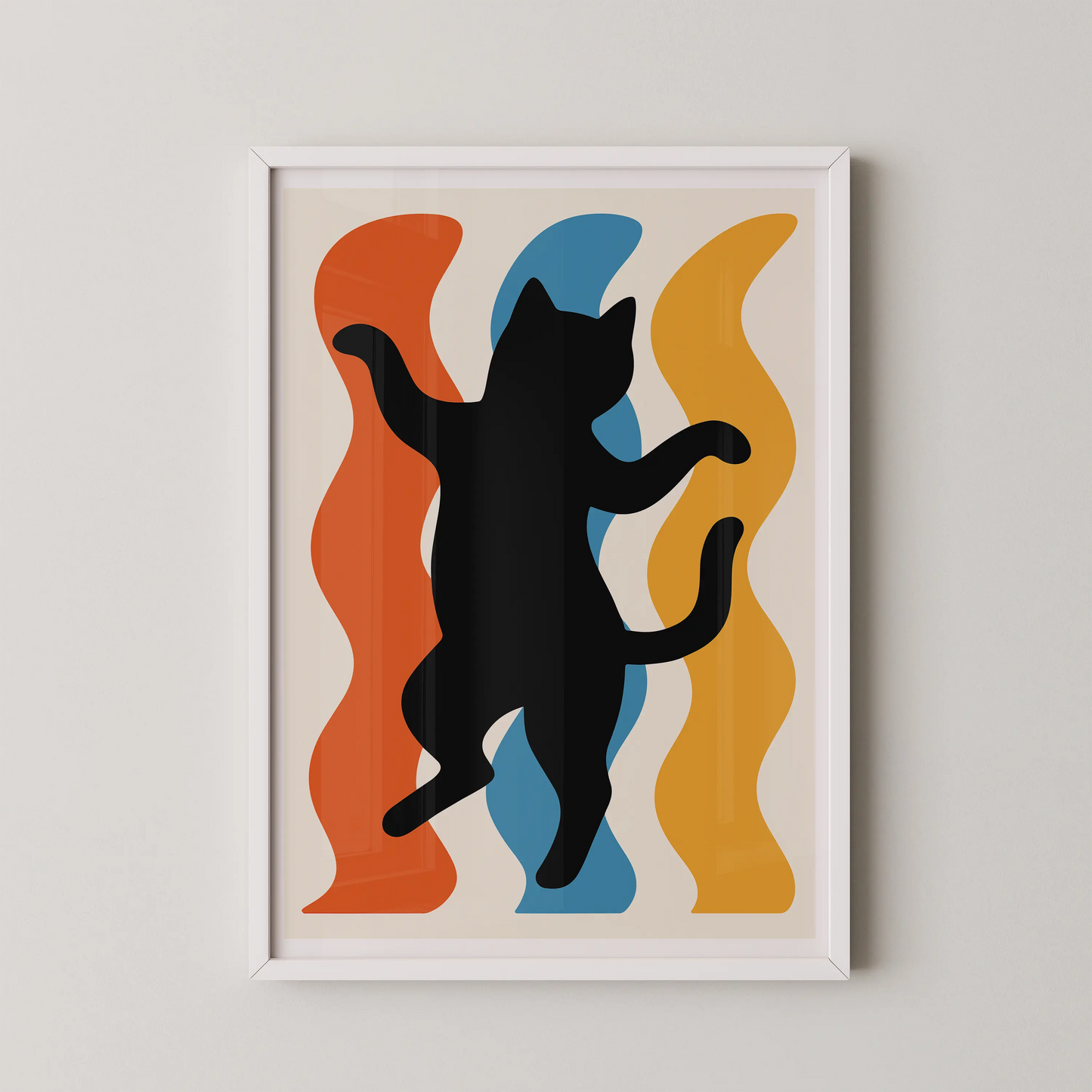 A modern abstract wall art poster featuring a dancing feline silhouette.